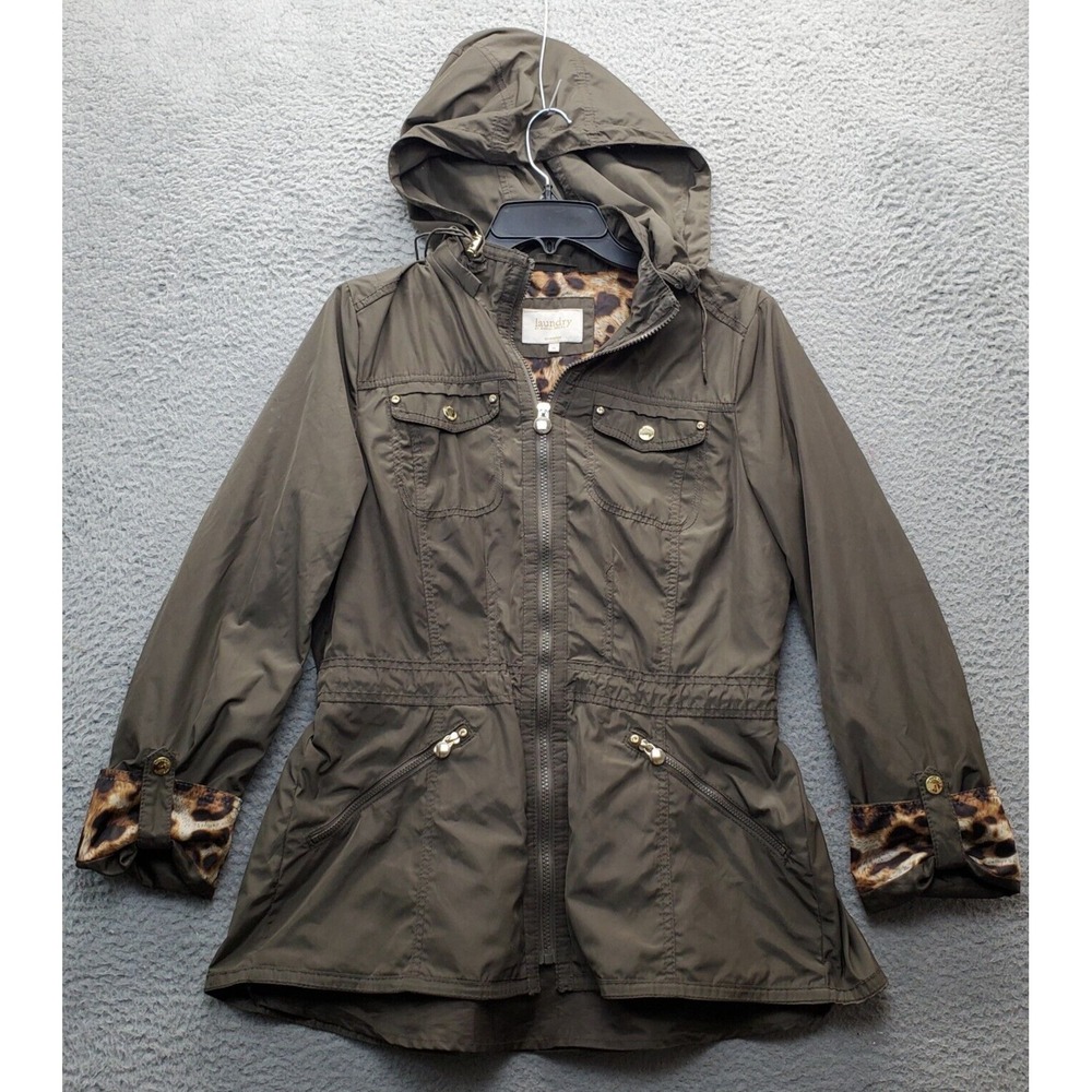 Laundry By Shelli Segal Olive Green Hooded Anorak Jacket with Leopard Trim
